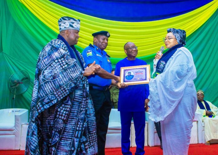 L-R: National Chairman of the Police Community Relations Committee (PCRC), Alhaji Mogaji Ibraheem; Olaniyan Deputy Commissioner of Police, DCP Olatunji Disu; Chairman, PCRC Board of Patron, Right Reverend Dr. Fyneface Akah Minister of State for Police Affairs, Hajia Imaan Sulaimon-Ibrahim and Inspector General of Police IGP Kayode Adeolu Egbetokun during the commemoration of the 40th anniversary of the Police Community Relations Committee (PCRC) with a theme “PCRC @40 Community Policing at its Best” held at the Merit House, Maitama Abuja.