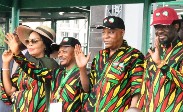 From left. Minister of State for Labour and Employment , Barr Nkeiruka Onyejeocha ; President, Nigeria Labour Congress, Comrade Joe Ajaero; Vice President Kashim Shettima and President, Trade Union Congress, Comrade Festus Osifo during 2024 May Day Commemoration at the Eagle Square Abuja on Wednesday (01/05/24).