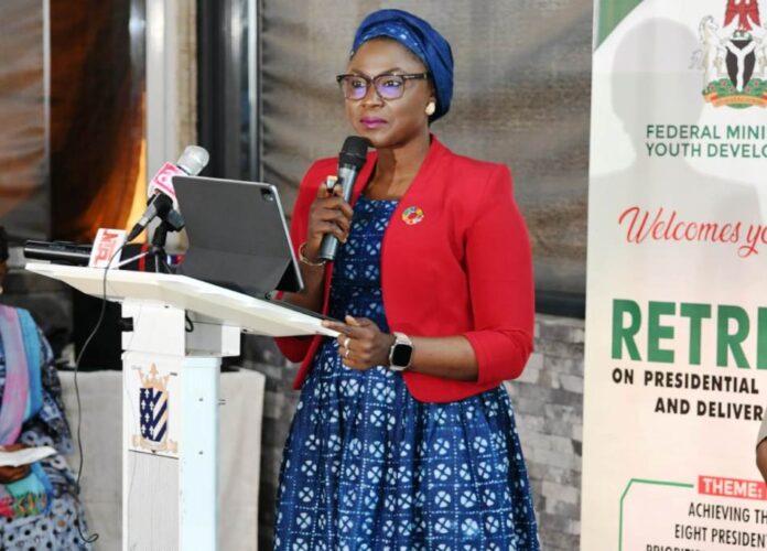 Dr. Jamila Bio Ibrahim, Hon. Minister of Youth Development delivering her speech at the ongoing Retreat on Presidential Priorities and Deliverables organised by the Federal Ministry of Youth Development.