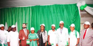 Hon. Minister of Sport Development, Sen. John Owan Enoh, the Permanent Secretary, Mrs. Tinuke Watti, France de affair to Nigeria, H. E Jean-Francois Hasperue with some Nigeria athletics during the handing over and farewell ceremony of team Nigeria contingent for the Paris 2024 Olympics & Paralympic Games in Abuja on Monday