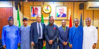 The Honourable Minister of Interior, Hon. Dr. Olubunmi Tunji-Ojo (M) , Prof Friday Okonofua, General Secretary, African Academy of Sciences, (3rd L) and Prof. Hilary Inyang, Renowned Professor of Geoenvironmental Engineering, (3rd R), Mr. John Adeniran, Director Citizenship and Business, Ministry of Interior (L), Prof. Mukhtar Abulkadir, Special Adviser to Hon Minister on Strategy & Innovation (R) Mr. Ozoya Imohimi, Director, Press & Public Relations, Ministry of Interior (2nd R)during the courtesy visit in Abuja .