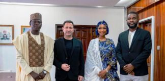 L-R: Adam Abubakar Media manager (Dambe Warriors) Mario WANNY Managing Partner (Dambe Warriors), Hannatu Musa Musawa Hon. Minister Art, Culture and the Creative Economy, Anthony Okeleke Co-founder (Dambe Warriors) on a courtesy visit to the Minister to seek the Ministry’s endorsement for the Dambe Warriors league. 8th August 2024