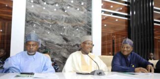 The Honourable Minister of Education Prof Tahir Mamman ( C )to his (R) the Honourable Minister of State for Education Hon Dr Yusuf Tanko Sununu and (L) the Permanent Secretary Education Dr Nazir Sani Gwarzo at Stakeholders meeting on Challenges and Problems affecting Technical Education