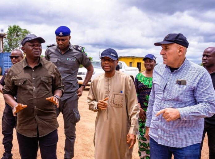 The Honourable Minister of Water Resources and Sanitation, Engr. Prof. Joseph Terlumun Utsev,(L), flanked by Director Dams and Reservoir, FMWRS, Engr. Ali Dallah,(M) and the Project Contractor, Engr Fahd Jamal,(R) on Wednesday 21st Aug, 2024, at the inspection of Ogbese Multi-Purpose Dam in Ekiti State.