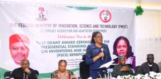 Permanent Secretary, Federal Ministry of Innovation, Science and Technology, Mrs. Esuabana Nko Asanye representing the Hon. Minister FMIST, Chief Uche Geoffrey Nnaji,delivering the keynote address, Director, Science and Technology Promotion Department FMIST, Mr. Ronald Ukpong (left) Deputy Director, Technology Acquisition and Adaptation Department FMIST, Engr. Azuftama Dahiru (3rd right) Director-General, National Board for Technology Incubation (NBTI) Dr. Mrs. Patricia Uchenna Chukwu (2nd left) and other at the Grant Award Ceremony of the 2023 Presidential Standing Committee on Inventions and Innovations (PSCII) Beneficiaries held today in Abuja.