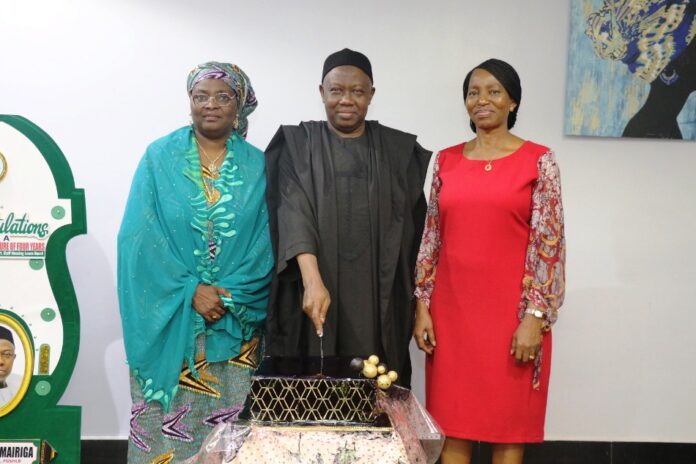 L-R: Hajiya Salamatu Ladi Ahmed, Executive Secretary, Mr. Ibrahim Mairiga and Dr. Comfort Adeosun, Director, overseeing the office of the Permanent Secretary (SWO), OHCSF during the send forth organized by FGSHLB for Mr. Mairiga