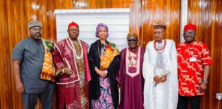 L-R: Obi Asika DG National Council for Arts and Culture (NCAC), HRM Gregory Ilogrika, leader of Igbo community in Akure, leader of the delegation HRM Sylvester Onuegbu of Oguta Imo state , HRM Stephen Onwualinmba of Ussaka of Abia State, Hon Okafor Dominic feanyi, Member House Committee on Culture and Tourism during a Courtesy visit of South East First Class Traditional Rulers to the Minister, Barrister Hannatu Musa Musawa on the 15th of August 2024.