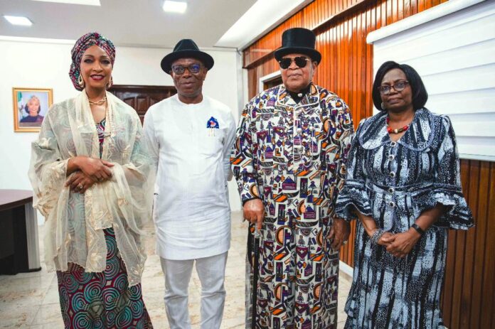 L-R: Hannatu Musa Musawa Minister of Art, Culture and Creative Economy; Abiante Awaii-Inombek Dagomie representing Andoni-Opobo/Nkoro Federal Constituency Rivers State; His Royal Majesty, King (Dr.) Dandeson Douglas Jaja, Jeki V, Treaty King, Natural Ruler, the Amanyanabo of Opobo Kingdom; Patricia Roberts Ibiene Permanent Secretary Ministry of Art Culture and the Creative Economy at the inauguration of Technical Committee for the establishment of the King Jaja of Opobo Cultural and Historical Centre in Opobo, Rivers State. 6th August 2024