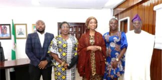 L-R: Mr Ifedolapo A. Falope, Associate NESG the Nigeria Economic Summit Group, Mrs Ugochi Akudo Nwosu, Director Entertainment and Creative Economy Department (FMACCE), The Minister of Art, Culture and Creative Economy in Nigeria, Honorable Minister Hannatu Musa-Musawa, Mr Babajide Augustus Ajibola, Ex Director, Entertainment and Creative Services Department.