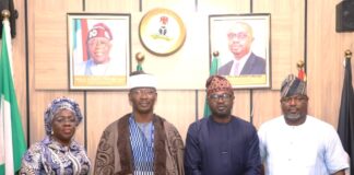 L-R: The Permanent Secretary Ministry of Interior, Dr. Magdalene Ajani, the Chairman, Council of Chiefs, Kwali Area Council in the Federal Capital Territory (FCT), His Royal Highness Etsu Luka Ayedo Nizassan III, the Honourable Minister of Interior, Dr. Olubunmi Tunji-Ojo and the Chairman, Association of Local Governments of Nigeria (ALGON) FCT Chapter, Hon. Danladi Chiya, during the courtesy visit at the Ministry's Headquarters in Abuja.