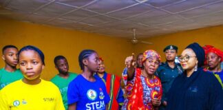 Police students, Peace Institute Leader, Prof Hauwa Ibrahim, and Minister of State for Police Affairs, Hajia Imaan Sulaiman-Ibrahim during the inspection of the STEAM programme held at the Police Secondary School in Abuja.