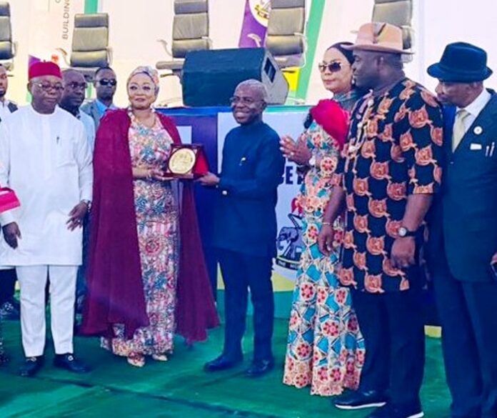 6th L-R: Hon. Sam Onuigbo, Minister of Police Affairs, Imaan Sulaiman Ibrahim, Executive Governor of Abia state, Dr. Alex Otti; Minister of State for Labour, Nkeiruka Onyejeocha and other dignitaries during the Renewed Hope Police Agenda: Citizens Town Hall Engagement on Strengthening Community Policing in Nigeria with a theme; Community Policing: Building A Safer Nigeria Together held at the International Conference Centre, Umuahia, Abia State.