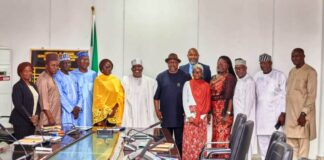 Minister of Special Duties and Intergovernmental Affairs, FMSDIGA, Zaphaniah Jisalo (6th l), Permanent Secretary, FMSDIGA, Dr. Maryam Keshinro (5th l) with Directors of the Ministry after the Management meeting.