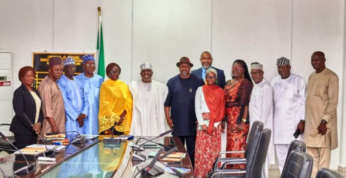 Minister of Special Duties and Intergovernmental Affairs, FMSDIGA, Zaphaniah Jisalo (6th l), Permanent Secretary, FMSDIGA, Dr. Maryam Keshinro (5th l) with Directors of the Ministry after the Management meeting.