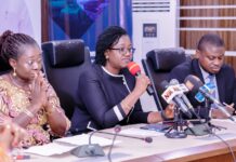 Press briefing Announcing the Forthcoming 2024 Nigeria Mining Week: Left-Right: Mrs. Esther Udo, Director Investment Promotion & Mineral Trade Department; Dr. Mary Ogbe, Permanent Secretary, addressing Journalists; and Habeeb Jaiyeola, Partner, Head Mining SectorBusiness Devlpt, PWC Nigeria : Held today Wednesday 18 September 2024.