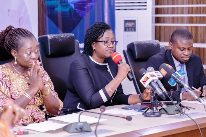 Press briefing Announcing the Forthcoming 2024 Nigeria Mining Week: Left-Right: Mrs. Esther Udo, Director Investment Promotion & Mineral Trade Department; Dr. Mary Ogbe, Permanent Secretary, addressing Journalists; and Habeeb Jaiyeola, Partner, Head Mining SectorBusiness Devlpt, PWC Nigeria : Held today Wednesday 18 September 2024.