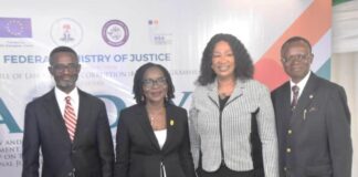 From Left: Associate Project Officer, Rule of Law and Anti corruption Programme, Peter Omenka; Solicitor General of the Federation and Permanent Secretary, Federal Ministry of Justice (FMOJ) , Mrs Beatrice Jedy-Agba, OON, mni; Director, Administration of C;iminal Justice Reform Department (FMOJ, Mrs Leticia Ayoola-Daniels and President, Centre for Social- Legal Studies, Prof Yemi Akinseye-George, during a 3 Day Review and Validation of the National Minimum Documents and the inauguration of the National Working Group on the Administration of Criminal Justice act/Laws, in Abuja on Tuesday (24/9/24).