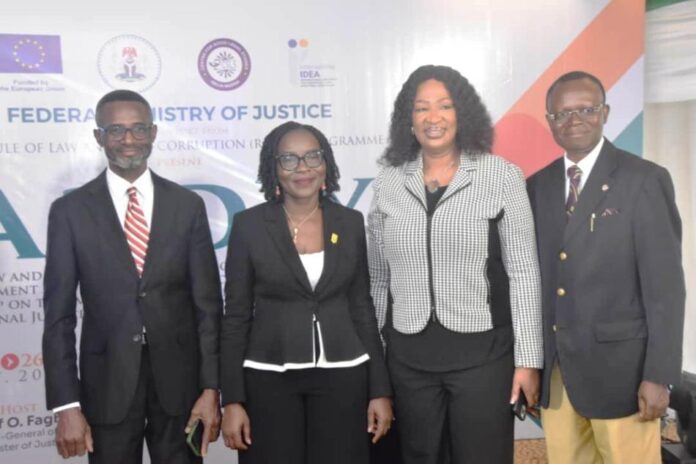 From Left: Associate Project Officer, Rule of Law and Anti corruption Programme, Peter Omenka; Solicitor General of the Federation and Permanent Secretary, Federal Ministry of Justice (FMOJ) , Mrs Beatrice Jedy-Agba, OON, mni; Director, Administration of C;iminal Justice Reform Department (FMOJ, Mrs Leticia Ayoola-Daniels and President, Centre for Social- Legal Studies, Prof Yemi Akinseye-George, during a 3 Day Review and Validation of the National Minimum Documents and the inauguration of the National Working Group on the Administration of Criminal Justice act/Laws, in Abuja on Tuesday (24/9/24).