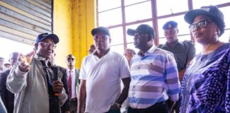 The Honourable Minister of Water Resources and Sanitation, Engr. Prof. Joseph Terlumun Utsev (2nd from right), Dr. Adedeji Ashiru, Managing Director of Ogun-Oshun RBDA (3rd from left), and other members of the Minister’s entourage being briefed by Mrs. Florence Oyakhirome (right), representative of the Director of Irrigation and Drainage, during the inspection visit to the Middle Ogun Irrigation Project (MOIP).