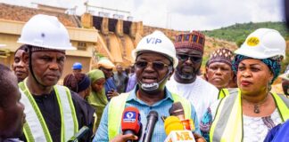 L-R: The Honourable Minister of Water Resources and Sanitation, Engr. Prof. Joseph Terlumun Utsev, Gombe State Commissioner for Water Resources Hon. Muhammad Fawu, Minister of State for Water Resources and Sanitation, Rt. Hon Bello Muhammad Goronyo during the inspection of Dadin Kowa Dam