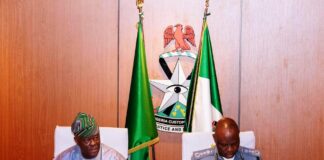 HM Wale Edun with the Comptroller General of the Nigeria Customs Service Mr Bashir Adewale Adeniyi during the pivotal meeting of the NCS Board, in Abuja