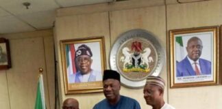 The Permanent Secretary MPR, Amb. Nicholas Agbo Ella (centre) flanked by the Chairman of NGEP, Prof. Mohammed Ibrahim (right) and Director (Planning, Research and Statistics) NDE Mr. Onwuliri Edmund in a group photograph at the inauguration ceremony.