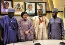 L-R, the Minister of State for Agriculture and Food Security, Sen Dr Aliyu Sabi Abdullahi, Deputy Secretary-General, United Nations, Dr. Amina Mohammad, Minister of Agriculture and Food Security, Sen Abubakar Kyari and Permanent Secretary, FMAFS, Mr. Peter Temitope Fashedemi during the meeting in Abuja.