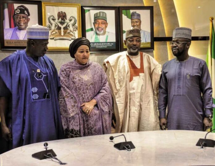 L-R, the Minister of State for Agriculture and Food Security, Sen Dr Aliyu Sabi Abdullahi, Deputy Secretary-General, United Nations, Dr. Amina Mohammad, Minister of Agriculture and Food Security, Sen Abubakar Kyari and Permanent Secretary, FMAFS, Mr. Peter Temitope Fashedemi during the meeting in Abuja.