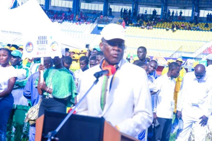 The Honourable Minister of Sports Development, Sen. John Owan Enoh delivering his speech at the opening ceremony of the 8th National Youth Games held in Asaba, Delta State