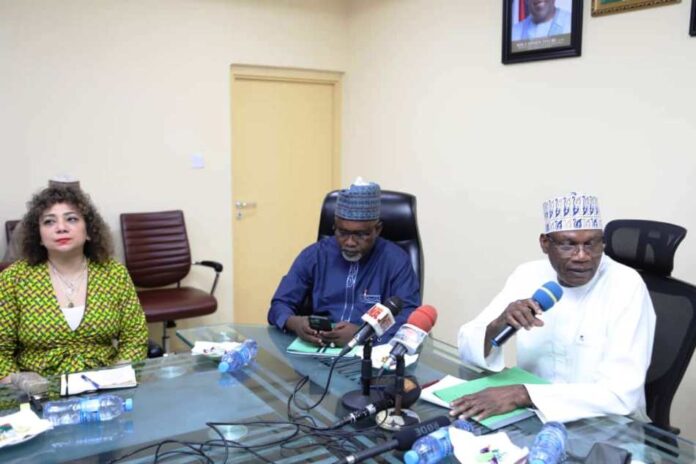 The Honourable Minister for Education Prof Tahir Mamman(centre ) The Honourable Minister of State, Hon Dr Tanko Yusuf Sununu ( flanked left), The World Bank's Practice Manager of Education for West Africa, Scherezad Latif, (flanked by minister of state) at the meeting with World Bank Steering Committee on Human Capital Opportunities for Prosperity and Equality (HOPE) held at FME Headquarters Abuja.