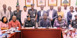 Seated L-R: 2nd Coordinator of the Central Delivery Coordination Unit, Mr. Esege E. Esege; DCP Ramatu Sada; Permanent Secretary, Mr. James Sule; Director, Planning Research and Statistics, Mrs. Margaret Azeez; DCP Ayodele Adeyemi; Special Assistant (Strategy HMS), Mike Imafidor and others during the Ministerial Delivery Task Team comprises desk officers and representatives from the Nigeria Police Force (NPF), Nigeria Police Trust Fund (NPTF), Ministry, and Police Academy was inaugurated by the Permanent Secretary at the Headquarters of the Ministry in Abuja.