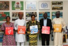 R – L Engr. Ahmad Kawu, secretay of programme (OSSAP-SDGs), Senator Eze Ajoku, 1ST Vice Presisident CSO Strategy Group, Princess Adejoke Orelope-Adefulire OFR, SSAP-SDGs, Dr. Uzodinma Aderieje, President CSO Strategy on SDGs. Amb. (Mrs.) Caroline Usipedo Oliseowe