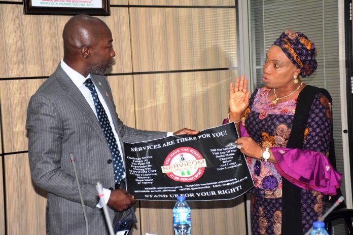 The National Coordinator/ CEO SERVICOM PRESIDENCY Mrs Nnenna Akajemeli with the Managing Director/ CEO Nigeria Social Insurance Trust Fund ( NSITF), Mr. Oluwaseun Mayomi, during an advocacy visit in Abuja.