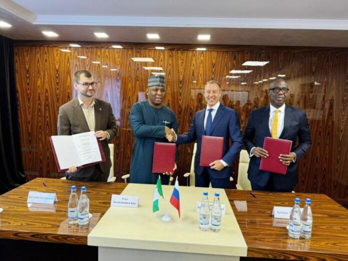 L-R: President, Metallurgical Holding “Novostal -M", Demchenko Iva Ivanovich; the Honourable Minister of Steel Development, Prince Shuaibu Abubakar Audu; General Director TPE, Mr. Egorov Sergei Anatolevich and the Group Managing Director, Proforce Manufacturing Limited, Mr. Adetokunbo Ogundeyin during the Signing of the MoU between Ministry of Steel Development, Tyazhpromexport, Novostal-M and Proforce Manufacturing Limited, in Moscow recently.