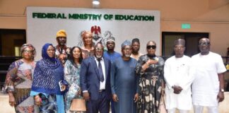 Hon. Minister of State for Education, Dr. Yusuf Tanko Sununu (4th right); with Chairman, National Institute for Nigerian Languages (NINLAN) Prof. Victor Ukaogo (4th left)in a group photograph with other dignitaries, during a courtesy visit to the Ministry in Abuja on Wednesday 11th September, 2024.