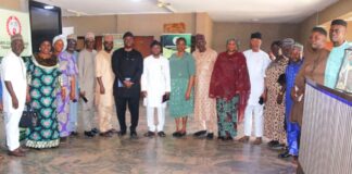 Permanent Secretary, Federal Ministry of Innovation, Science and Technology, Mrs. Esuabana Nko Asanye (middle) Hon. Commissioner, Ministry of Science and Technology, Taraba State, Muslim Usman Abdullahi (9th left) Director, Finance and Account, Ministry of Science and Technology, Taraba State, Mr. Ahmadu Sagaba Yiljeye (left) Director, Planning Research and Policy Analysis Depart. FMIST, Mrs. Salamatu Mohammed (7th right) Deputy Director, Press and Public Relations FMIST, Mr. Atuora Obed (right) Director, Renewable and Conventional Energy Technology Depart. FMIST, Mr. Eluma Garba Mathias (5th left) Acting Permanent Secretary, Ministry of Science and Technology, Taraba State, Mr. Abdullahi Gidado Abbare (8th right) Director, Special Duties Depart. FMIST, Mr. Bisong Simon Agbor (6th right) and others in a group photograph during the visit.