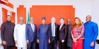 Vice President Kashim Shettima (middle); Minister of Foreign Affairs, Ambassador Yusuf M. Tuggar (3rd from left); Coordinating Minister of Health and Social Welfare, Professor Muhammad Ali Pate (2nd from left); Minister of Communications, Innovation & Digital Economy, Dr. 'Bosun Tijani (far left); President of the Global Development Programme at the Bill & Melinda Gates Foundation, Dr. Christopher Elias (5th from right); President, Global Growth & Opportunity Division at the Bill & Melinda Gates Foundation, Rodger Voorhies (4th from right); Director of Nigeria Country Office at Bill & Melinda Gates Foundation, Uche Amaonwu (3rd from right); Special Assistant to the President on Public Health, Uju Rochas-Anwukah (2nd from right); Deputy Director, Programme Advocacy and Communications at the Gates Foundation, Ekenem Isichei (far right) during a high-level meeting with Executives of Bill and Melinda Gates Foundation on the sidelines of the ongoing 79th Session of the United Nations General Assembly in New York,