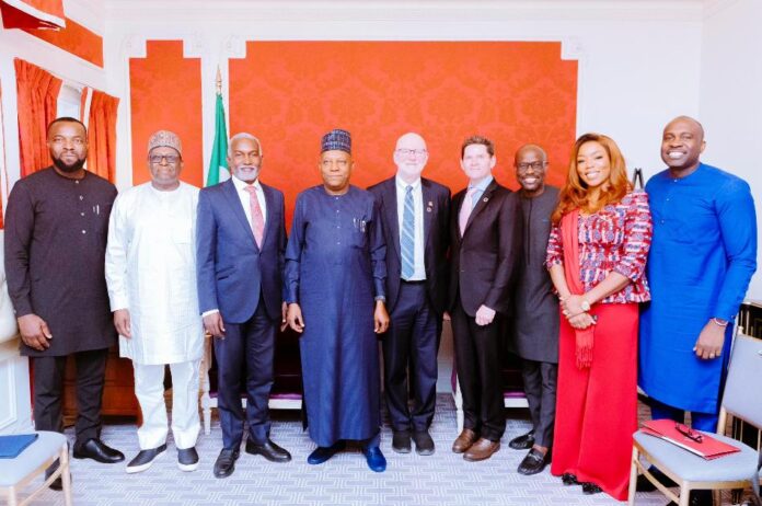 Vice President Kashim Shettima (middle); Minister of Foreign Affairs, Ambassador Yusuf M. Tuggar (3rd from left); Coordinating Minister of Health and Social Welfare, Professor Muhammad Ali Pate (2nd from left); Minister of Communications, Innovation & Digital Economy, Dr. 'Bosun Tijani (far left); President of the Global Development Programme at the Bill & Melinda Gates Foundation, Dr. Christopher Elias (5th from right); President, Global Growth & Opportunity Division at the Bill & Melinda Gates Foundation, Rodger Voorhies (4th from right); Director of Nigeria Country Office at Bill & Melinda Gates Foundation, Uche Amaonwu (3rd from right); Special Assistant to the President on Public Health, Uju Rochas-Anwukah (2nd from right); Deputy Director, Programme Advocacy and Communications at the Gates Foundation, Ekenem Isichei (far right) during a high-level meeting with Executives of Bill and Melinda Gates Foundation on the sidelines of the ongoing 79th Session of the United Nations General Assembly in New York,