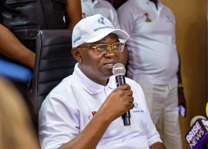 The Honourable Minister of Water Resources & Sanitation Engr. Prof. Joseph Terlumun Utsev, FNSE, FNICE, FNIWE, delivering his Press Statement during the 2024 World Rivers Day Celebration