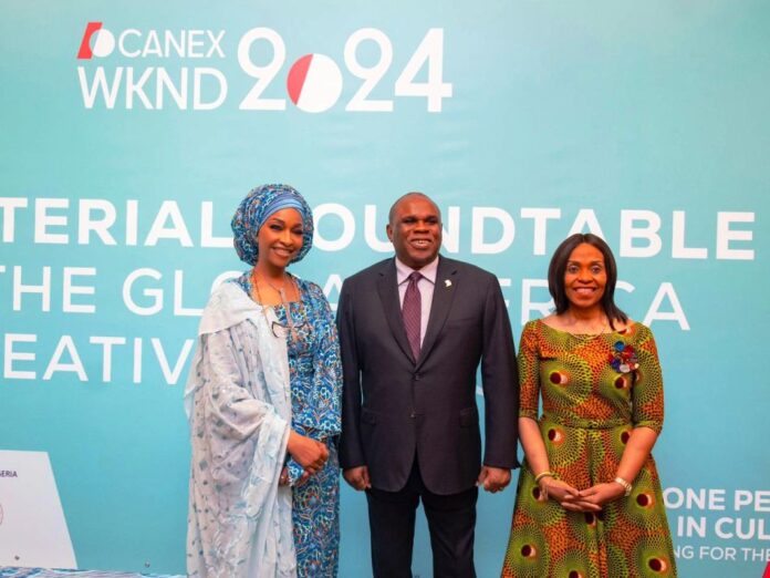 L-R: Hannatu Musa Musawa Minister of Art, Culture and the Creative Economy Nigeria, Benedict Okey Oramah President and Chairman of the Board of Directors of the African Export-Import Bank (Afreximbank), Kanayo Awani Executive Vice President, Intra African Trade and Export Development/ Afrexim Bank, At the Ministerial round table held at CANEX WKND held in Algeria.