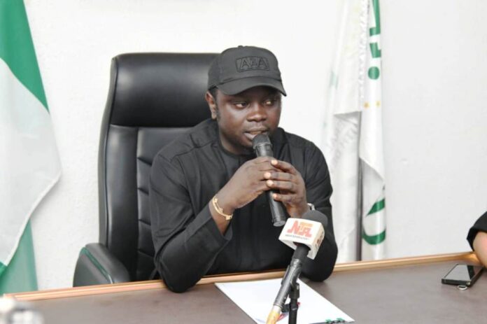 The Honourable Minister of State, Federal Ministry of Youth Development, Comrade Ayodele Olawande giving an address during the inauguration ceremony of the Committee aimed at tackling unemployment.