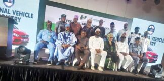 Middle Right: Hon. Seun Osiyemi, Honourable Commissioner of Transportation, Lagos State, Hajiya Jumai Katagom, Head PPP Unit, Federal Ministry of Finance, Abuja and others in a group photography at the South West Zonal sensitization seminar on National Vehicle Registry (VREG) held today in Lagos.