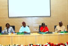 R-L : 1. Dr. Mohammed Ali, Director Home Finance, Federal Ministry of 2. Mrs Lydia Shehu Jafiya mni, Permanent Secretary, Federal Ministry of Finance, 3. Mr Wale Edun, OFR, Honourable Minister of Finance and Coordinating Minister of the Economy and 4. Dr. Oluwatoyin Sakirat Madein, Accountant-General of the Federation during the FAAC Meeting held at the Federal Ministry of Finance Headquarters, Abuja, today.