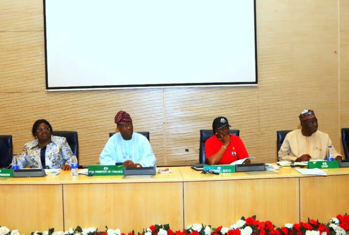 R-L : 1. Dr. Mohammed Ali, Director Home Finance, Federal Ministry of 2. Mrs Lydia Shehu Jafiya mni, Permanent Secretary, Federal Ministry of Finance, 3. Mr Wale Edun, OFR, Honourable Minister of Finance and Coordinating Minister of the Economy and 4. Dr. Oluwatoyin Sakirat Madein, Accountant-General of the Federation during the FAAC Meeting held at the Federal Ministry of Finance Headquarters, Abuja, today.