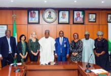 The UNICEF Deputy Executive Director Partnership, Ms. Kitty van der Heijden(3rd left), Minister of Budget and Economic Planning Senator Abubakar Atiku Bagudu, Permanent Secretary Budget and Economic Planning, Dr. Emeka Vitalis Obi mni, Director, Economic Growth, Mrs. Elizabeth Egharevba and other dignitaries during a courtesy visit to the Ministry, yesterday, in Abuja.