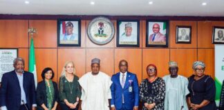 The UNICEF Deputy Executive Director Partnership, Ms. Kitty van der Heijden(3rd left), Minister of Budget and Economic Planning Senator Abubakar Atiku Bagudu, Permanent Secretary Budget and Economic Planning, Dr. Emeka Vitalis Obi mni, Director, Economic Growth, Mrs. Elizabeth Egharevba and other dignitaries during a courtesy visit to the Ministry, yesterday, in Abuja.