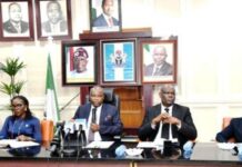 From Left: Director of Legal Drafting, Dr. Patrick Oyong; Solicitor General of the Federation/Permanent Secretary, Federal Ministry of Justice, Mrs Beatrice Jedy-Agba, OON, mni; Honorable Attorney General of the Federation and Minister of Justice, Prince Lateef Fagbemi (SAN); Chairman, Committee on Review of Laws of the Federation, Wale Fapohunda (SAN); and co-chairman, Prof Jummai Audu, during the inauguration of the committee by the AGF in Abuja, on Thursday 24th October, 2024.