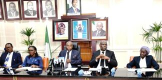 From Left: Director of Legal Drafting, Dr. Patrick Oyong; Solicitor General of the Federation/Permanent Secretary, Federal Ministry of Justice, Mrs Beatrice Jedy-Agba, OON, mni; Honorable Attorney General of the Federation and Minister of Justice, Prince Lateef Fagbemi (SAN); Chairman, Committee on Review of Laws of the Federation, Wale Fapohunda (SAN); and co-chairman, Prof Jummai Audu, during the inauguration of the committee by the AGF in Abuja, on Thursday 24th October, 2024.