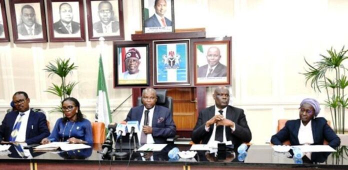 From Left: Director of Legal Drafting, Dr. Patrick Oyong; Solicitor General of the Federation/Permanent Secretary, Federal Ministry of Justice, Mrs Beatrice Jedy-Agba, OON, mni; Honorable Attorney General of the Federation and Minister of Justice, Prince Lateef Fagbemi (SAN); Chairman, Committee on Review of Laws of the Federation, Wale Fapohunda (SAN); and co-chairman, Prof Jummai Audu, during the inauguration of the committee by the AGF in Abuja, on Thursday 24th October, 2024.