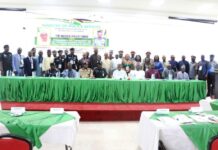 Seated L-R: ACG Yakubu Ibrahim (NSCDC); Head of Staff Welfare & Training (Police Service Commission), Ahmed Gimbia Muhammed; Representative of Corp Marshall, Olafemi Oladele (FRSC); Deputy Inspector General, (Intelligence), DIG Dasuki Galadachi; Minister of Police Affairs Senator Ibrahim Gaidam; Permanent Secretary (MPA), James Sule; Executive Secretary, Nigeria Police Trust Fund (NPTF), Mr. Muhammed Sheidu; Director of Information Technology Identity Database, Engr. Lanre Yusuf; Senior Special Assistant (Hon. Minister), Kuwata Goni, and other participants during a three-day workshop on Interagency Collaboration with the theme: Interagency Collaboration Among Law Enforcement Agencies in Nigeria held at the REIZ Continental Hotel, Central Business District, Abuja.